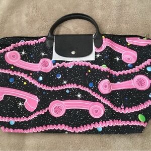 Chic Black Tote with Pink Telephone Design